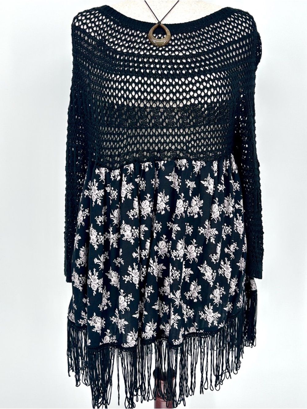 Black Knit Crochet Boho Dress Floral Fringe Festival Indie Fairy